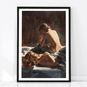 A romantic figurative print showing two women resting together on soft fabric, painted in warm shadowed tones with a sensual, intimate atmosphere.