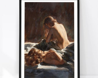 May include: A framed art print featuring a classical painting of two figures. One figure is seated, and the other is reclining. The artwork has a warm color palette with soft lighting and is set against a dark background. The text "ALURA HOME // ON ETSY" is visible.