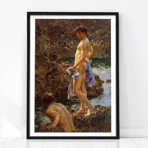 May include: A painting depicting two nude men standing in a rocky, coastal landscape. The men are standing in a shallow pool of water, with the sun shining brightly. The painting is executed in a realistic style, with a focus on the details of the men's bodies and the surrounding landscape.