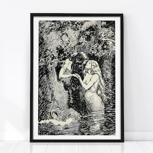 A remastered vintage print of the 1904 illustration "The Nymph caught the Dryad in her arms", showing two mythic female figures embracing beside the water in an intimate black and white scene.