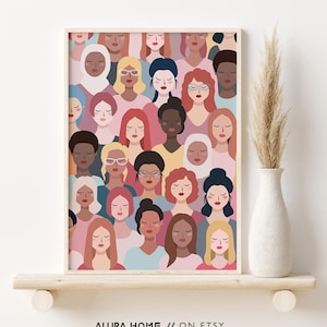 Kleurrijke feministische print van diverse vrouwen, wanddecoratie meisjeskamer, poster sterke vrouwen voor meisjeskamer, krachtige vrouwen kunst aan de muur, feminisme