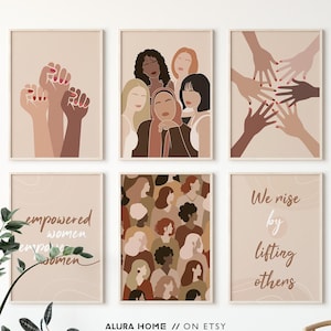 Conjunto de carteles feministas, arte de empoderamiento femenino, arte mural feminista, impresiones de mujeres diversas, mujeres poderosas, póster de igualdad, ilustración de mujeres