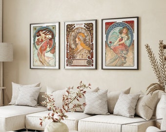 Alphonse Mucha Prints Set, Vintage Poster, Jugendstil Wandkunst, Alfons Mucha Poster, 3-teilige Wandkunst, Alphonse Mucha Kunst, Galeriewandset