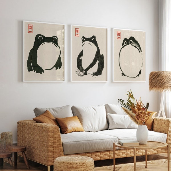 Japanischer Matsumoto Hoji Frosch, 3-teilige Wandkunst, Matsumoto Hoji Druck, Japanischer Frosch Druck, Japanische Wandkunst, Wabi Sabi Art, Wohndekor