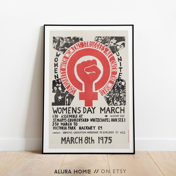 Reproductie van vintage feministische print, internationale Vrouwendag poster, feministische kunst aan de muur, oude suffragette poster, retro feministische poster