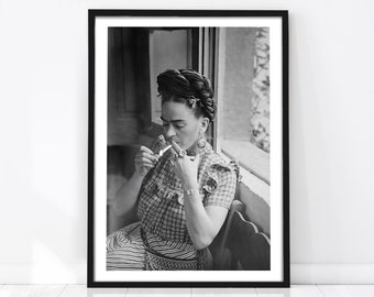 Frida Kahlo Poster, Fashion Poster, Frida Kahlo Smoking, Vintage Poster, Photography Print, Feminist Poster, Black White Print, Home Decor