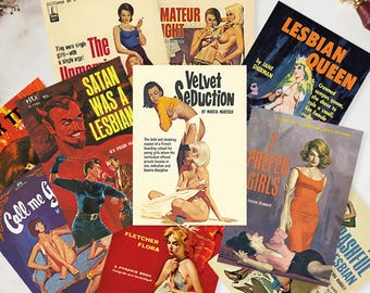 Conjunto de 10 pôsteres de arte pulp lésbica, capas de revistas vintage, pôsteres lésbicos retrô, arte de parede WLW, arte sáfica, kit de colagem para presente de Natal