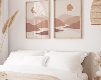 Set of 2 Boho Prints, Sun and Moon Abstract Wall Art, Neutral Landscape Decor in Desert Tones, Minimalist Gallery Wall Art