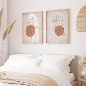 Set of 2 Abstract Botanical Prints in Terracotta, Minimal One Line Art, Neutral Boho Wall Decor for Modern Interiors