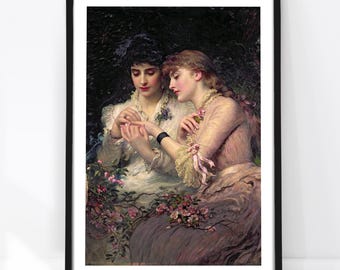 Pintura victoriana de dos mujeres, arte lésbico vintage, lámina romántica sáfica, decoración floral estilo academia oscura, obra de arte de amantes clásicas