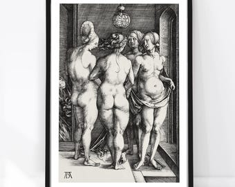 The Four Witches Print, 1497 Albrecht Durer Art, Vintage Witchcraft Poster, Gothic Wall Art, Dark Academia Decor, Renaissance Engraving