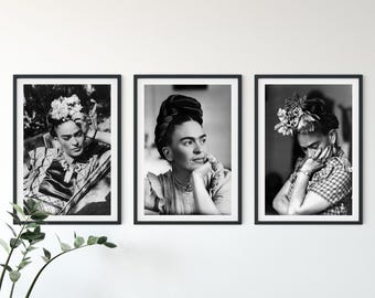 Set of 3 Frida Kahlo Prints, Black and White Photographs, Feminist Wall Art, Frida Portrait Poster Set, Fashion Wall Decor, Gallery Wall Set