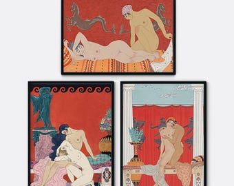 Conjunto de 3 gravuras de George Barbier, gravuras lésbicas, arte WLW, pinturas lésbicas vintage, conjunto para parede de galeria, arte sáfica, gravuras românticas, Art Déco