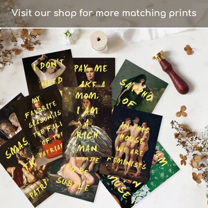 Puede incluir: Un conjunto de 10 impresiones de arte que presentan pinturas famosas con superposiciones de texto humor&iacute;stico en amarillo. Las impresiones presentan una variedad de temas, incluyendo mujeres, hombres y parejas. El texto en las impresiones incluye frases como "No necesito", "Paga me", "Mam&aacute;, soy un hombre rico", "Safo de", "En esta casa somos feministas" y "Smas the patriaf".
