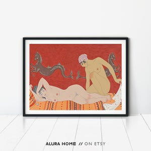 May include: A digital illustration of two nude figures against a red background. One figure is lying down on a patterned rug, while the other figure is kneeling and looking down at the first figure. Two black seahorses are swimming in the background.