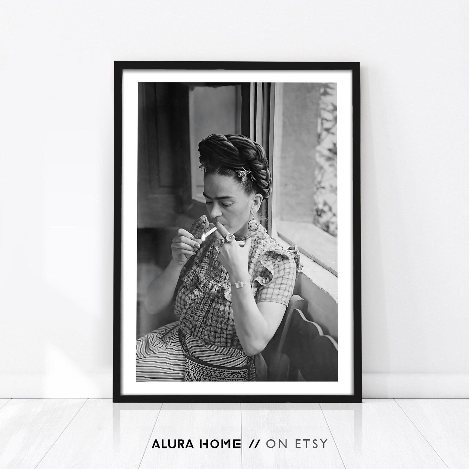 Frida Kahlo Poster, Fashion Poster, Frida Kahlo Smoking, Vintage Poster,  Photography Print, Feminist Poster, Black White Print, Home Decor