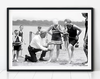 1920s Beach Cop Measuring Womans Bathing Suit, Vintage Black and White Photo, Feminist History Poster, Protest Wall Art
