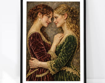 May include: A framed print featuring two women in velvet gowns, embracing. One woman wears a burgundy dress, the other a green dress. Both dresses have gold trim. The women have long hair and are wearing pearl earrings. The artwork is set against a neutral background.