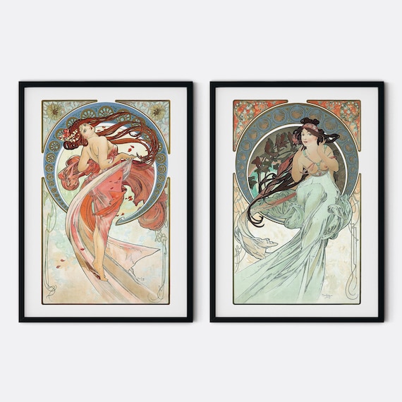 Set of 2 Alphonse Mucha Prints, Dance and Music from Les Arts Series, Vintage French Art Nouveau, Exhibition Posters from 1898