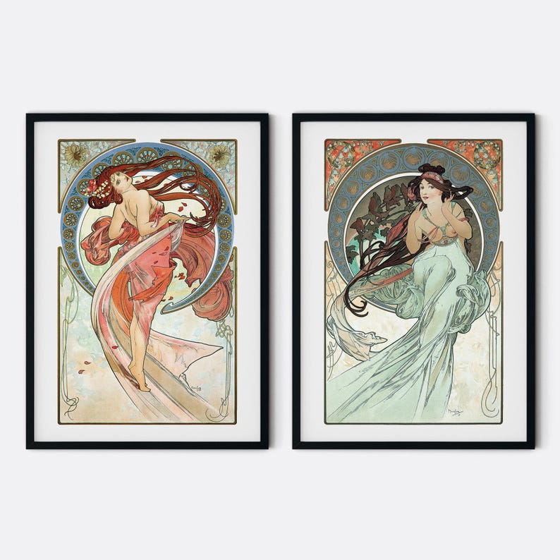 Set of two digitally restored Alphonse Mucha prints from 1898, featuring “Dance” and “Music” from the Art Nouveau series Les Arts, with flowing feminine figures and ornate decorative frames.