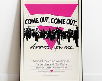 Plakat o prawach lesbijek i gejów, wydruk z marszu w Waszyngtonie w 1987 r., sztuka LGBT w stylu vintage, dekoracja z historii Pride, sztuka ścienna w stylu retro queer