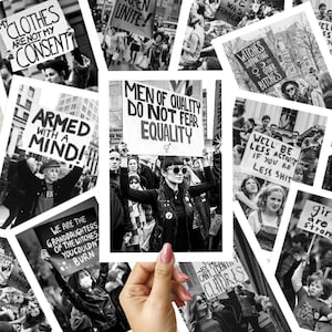 Set von 10 feministischen Postern, Aktivistin Drucke, feministische Wandkunst, Vintage Fotografie Druck, Galeriewandset, Demonstrationsplakat, schwarz und weiß