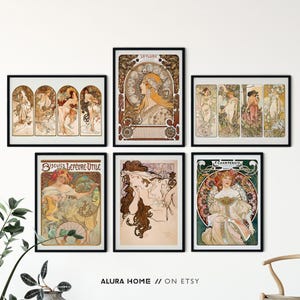 6er Set Alphonse Mucha Prints, Vintage Jugendstil Poster, Museum Wandkunst, Alfons Mucha Galerie Wanddekoration, Weihnachtsgeschenk für Künstler