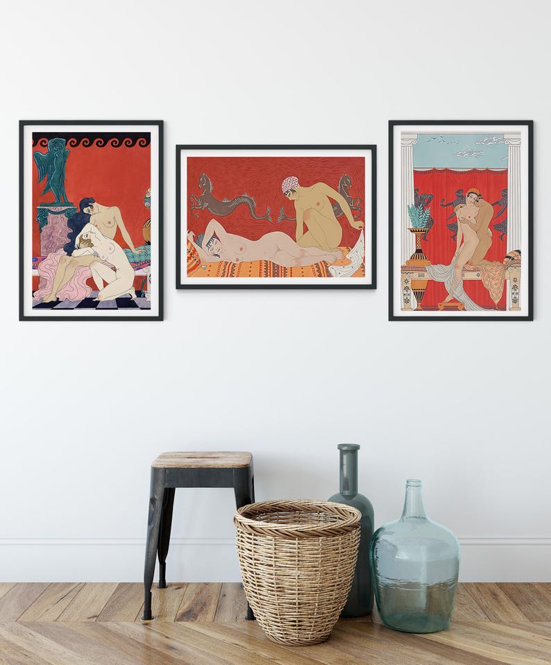May include: Three framed illustrations of nude figures in various poses against a red background. The illustrations are in a minimalist style with black outlines and muted colours. The frames are black and the illustrations are hung on a white wall.