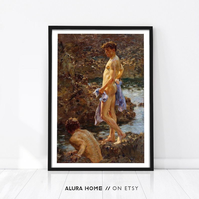 May include: A painting depicting two nude men standing in a rocky, coastal landscape. The men are standing in a shallow pool of water, with the sun shining brightly. The painting is executed in a realistic style, with a focus on the details of the men's bodies and the surrounding landscape.