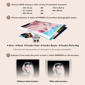 May include: An informational graphic from Alura Home detailing how to customize a print in three steps. The steps include choosing a size, finish, and border option. Sizes are listed in both inches and centimeters. The finishes include Gloss, Matte, FineArt Pearl, FineArt Baryta, and FineArt Photo Rag.