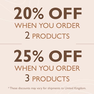Puede incluir: Un gr&aacute;fico de color beige claro con texto en marr&oacute;n oscuro que indica 20% OFF WHEN YOU ORDER 2 PRODUCTS y 25% OFF WHEN YOU ORDER 3 PRODUCTS. Una l&iacute;nea horizontal fina separa las dos ofertas y una nota con asterisco aparece abajo.