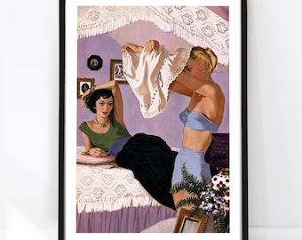 Lámina retro pin-up lésbica, póster sáfico vintage de los años 50, arte mural WLW, estilo pulp art, amor entre mujeres, decoración de vestidor