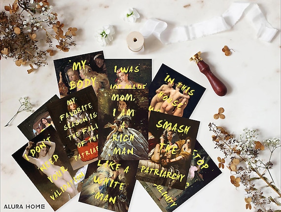 Set of 10 Feminist Prints, Altered Classic Paintings Collection, Maximalist Wall Art, Motivational Quote Posters, Wall Collage Kit