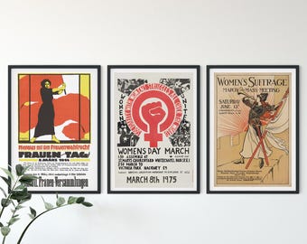 Conjunto de 3 láminas feministas vintage, marcha del Día de la Mujer, carteles sufragistas antiguos, decoración retro, arte mural feminista, set de galería de pared, regalo para ella.