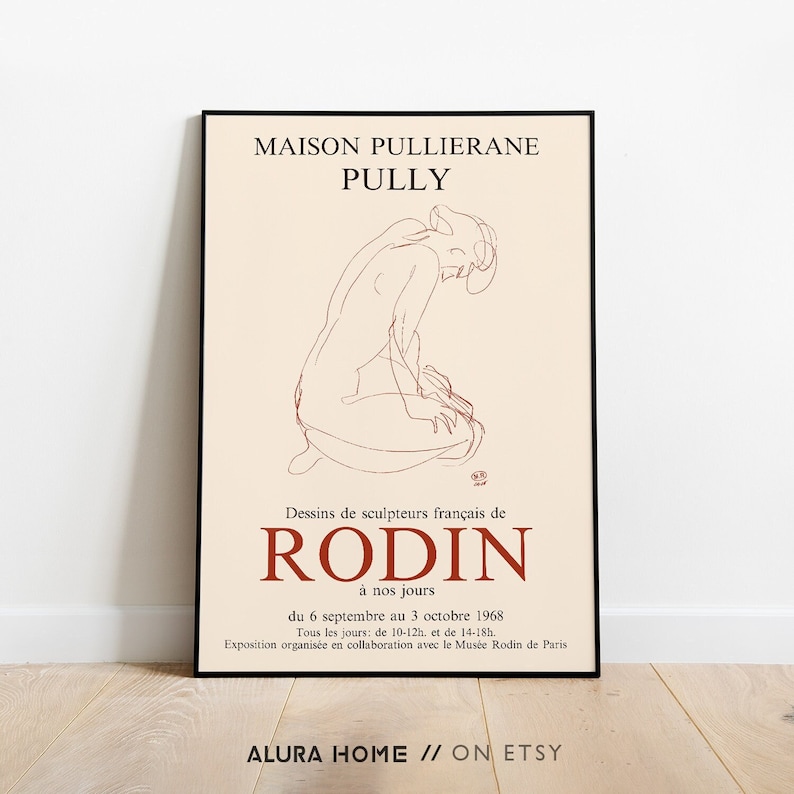 A remastered Rodin exhibition print from Paris, 1968, featuring a minimalist red line drawing of a seated figure with elegant French typography on a warm neutral background.