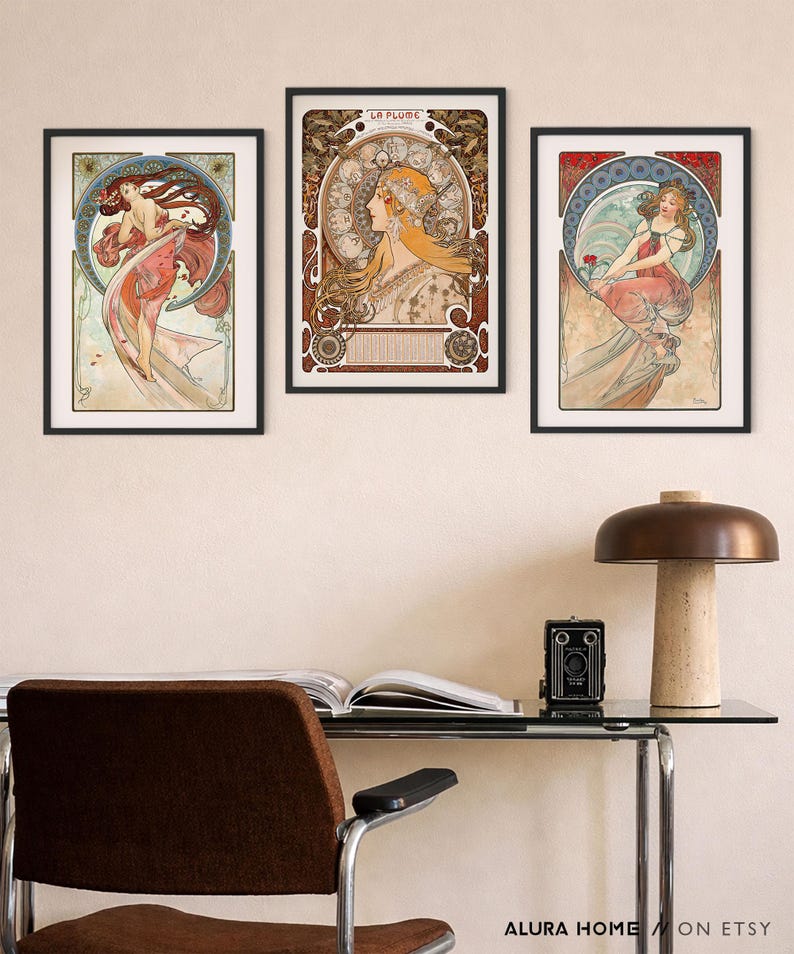 Set of three vintage Art Nouveau prints by Alphonse Mucha, featuring iconic female portraits with ornate decorative frames and pastel color tones.