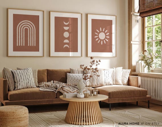 Set of 3 Boho Prints, Sun Moon Rainbow Wall Art, Terracotta Decor, Mid Century Modern Art, Burnt Orange Gallery Wall