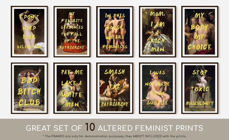 Set of 10 Feminist Prints, Altered Classic Paintings Collection, Maximalist Wall Art, Motivational Quote Posters, Wall Collage Kit image 2