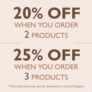 Pode incluir: Gr&aacute;fico promocional com texto castanho sobre fundo castanho claro. O texto diz "20% DE DESCONTO AO ENCOMENDAR 2 PRODUTOS" e "25% DE DESCONTO AO ENCOMENDAR 3 PRODUTOS". H&aacute; uma isen&ccedil;&atilde;o de responsabilidade na parte inferior.
