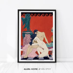 May include: A vintage-style illustration of two women in a red room with a green statue. The women are nude and are embracing each other. The room has a chequered floor and a pink drape.