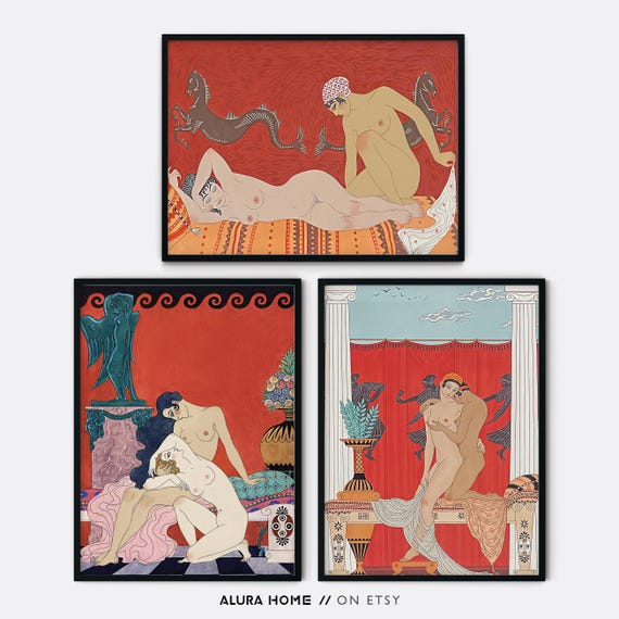 Set of 3 George Barbier Prints, Lesbian Prints, WLW Art, Vintage Lesbian Paintings, Gallery Wall Set, Sapphic Art, Romantic Prints, Art Deco