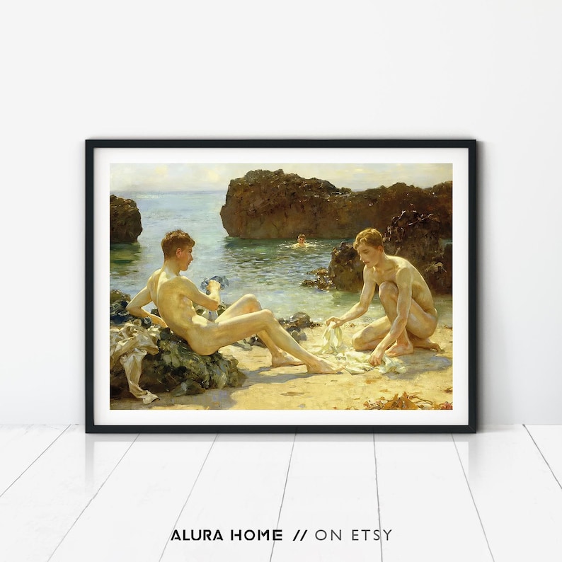May include: A painting depicting two young men standing on a rocky beach. The men are nude and are holding white cloths. The beach is surrounded by rocks and the sea is in the background.