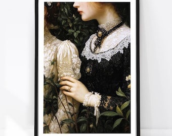 Lesbian Victorian Art Print, Moody Sapphic Illustration, Dark Academia Wall Art, Vintage Romance Painting, Love Between Women