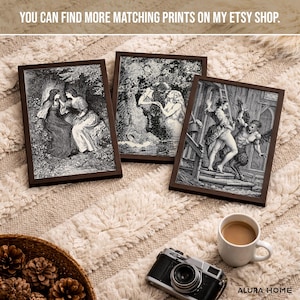May include: Three framed black and white art prints with dark brown frames. The prints depict scenes of figures in a forest, mermaids, and a demon. The text "YOU CAN FIND MORE MATCHING PRINTS ON MY ETSY SHOP" is at the top. A camera and a cup of coffee are in the foreground.