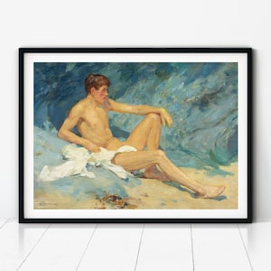 Liggande mansfigur av Henry Scott Tuke, klassiskt gaytryck, queer väggkonst, vintage kustdekor, klassisk målning
