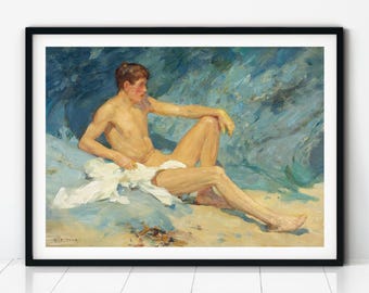 Liggende mannelijke figuur van Henry Scott Tuke, klassieke homoprint, queer muurkunst, vintage kustdecor, klassiek schilderij