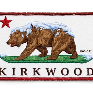 Kirkwood CA Flag Patch, Embroidered Iron On Patch with Grizzly Bear Walking on a Snowboard, California Flag Sew On Patch, Ski Jacket Patch