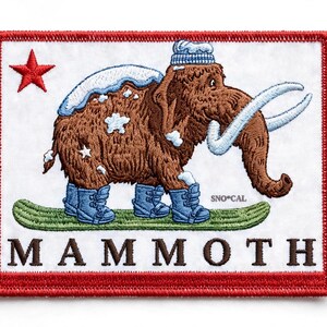 Patch da bandeira da Califórnia em Mammoth, patch bordado termocolante com Wally, o mamute lanoso, praticando snowboard, patch para costurar na jaqueta de esqui.