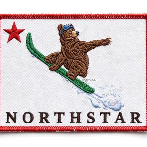 Parche de la bandera de California de Northstar, parche bordado termoadhesivo con un oso grizzly saltando en una tabla de snowboard, parche de la bandera de California para coser, parche de esquí