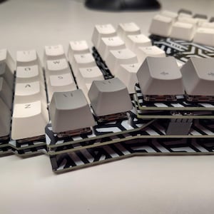 Peut inclure: Un clavier mécanique divisé avec des touches blanches et grises. Les touches sont disposées sur une base à motifs noirs et blancs. Le clavier est conçu pour une utilisation ergonomique et présente une disposition unique.